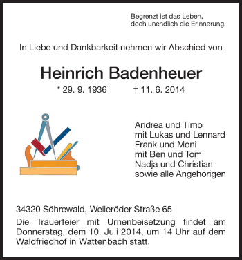 Traueranzeige von Heinrich Badenheuer von HNA