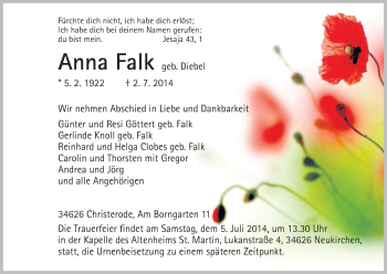 Traueranzeige von Anna Falk von HNA