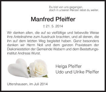 Traueranzeige von Manfred Pfeiffer von HNA