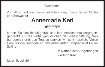 Traueranzeige von Annemarie Kerl von HNA