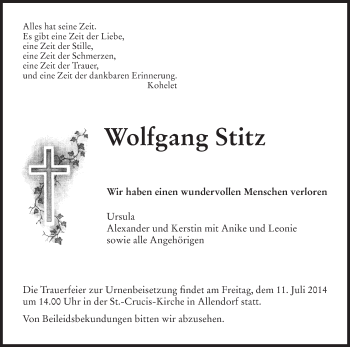 Traueranzeige von Wolfgang Stitz von HNA