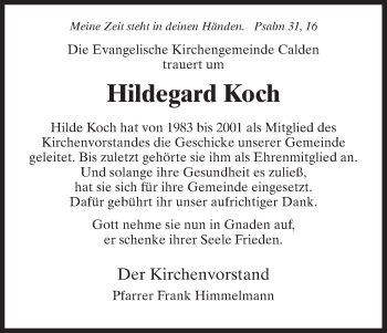 Traueranzeige von Hildegard Koch von HNA
