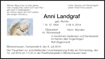 Traueranzeige von Ann Landgraf von HNA