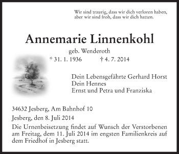 Traueranzeige von Annemarie Linnenkohl von HNA