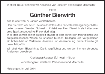 Traueranzeige von Günther Bierwirth von HNA
