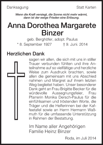 Traueranzeige von Anna Dorothea Margarete Binzer von HNA