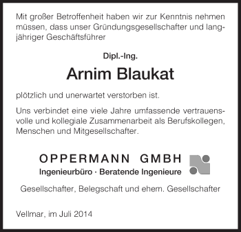 Traueranzeige von Arnim Blaukat von HNA
