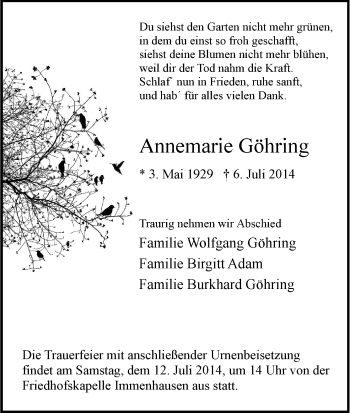 Traueranzeige von Annemarie Göhring von HNA
