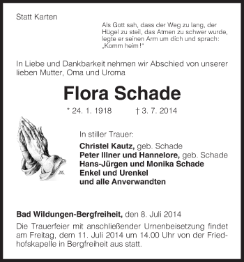 Traueranzeige von Flora Schade von HNA