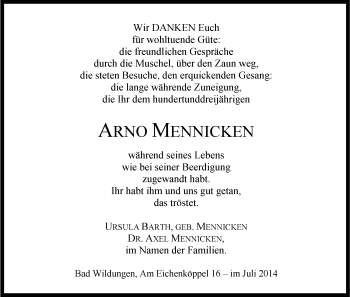 Traueranzeige von Arno Mennicken von HNA