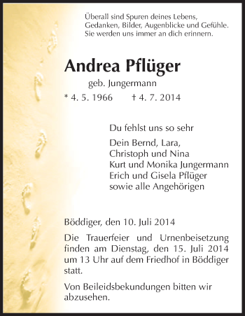Traueranzeige von Andrea Pflüger von HNA