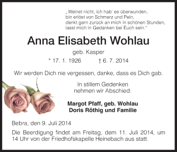 Traueranzeige von Anna Elisabeth Wohlau von HNA