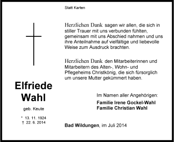 Traueranzeige von Elfriede Wahl von HNA