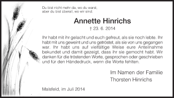 Traueranzeige von Annette Hinrichs von HNA