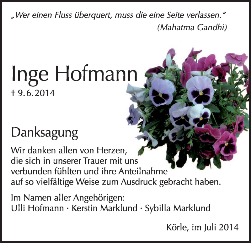  Traueranzeige für Inge Hofmann vom 12.07.2014 aus HNA