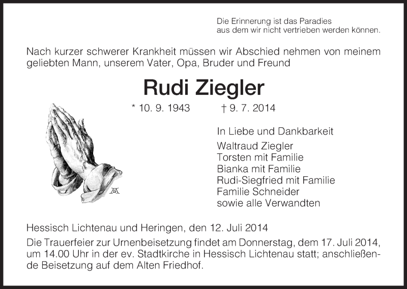  Traueranzeige für Rudi Ziegler vom 12.07.2014 aus HNA