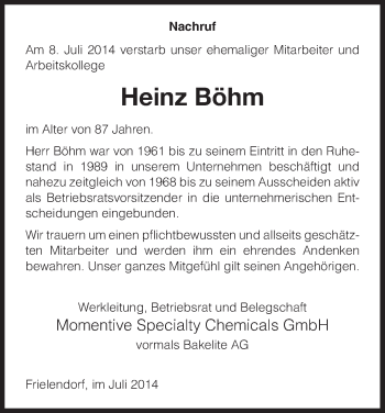 Traueranzeige von Heinz Böhm von HNA