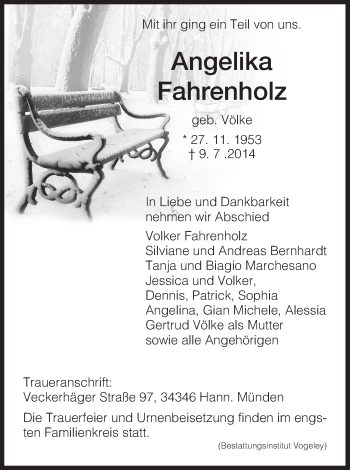 Traueranzeige von Angelika Fahrenholz von HNA