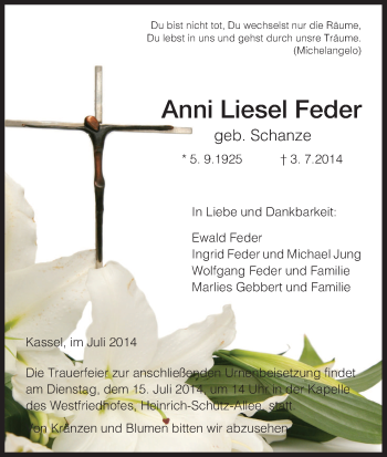 Traueranzeige von Anni Liesel Feder von HNA