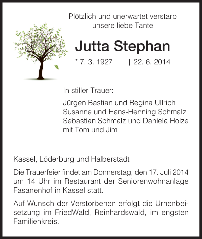  Traueranzeige für Jutta Stephan vom 12.07.2014 aus HNA