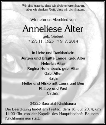 Traueranzeige von Anneliese Alter von HNA
