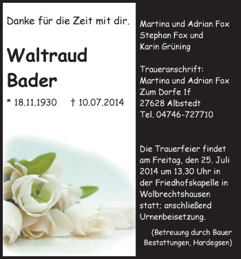 Traueranzeige von Waltraud Bader von HNA