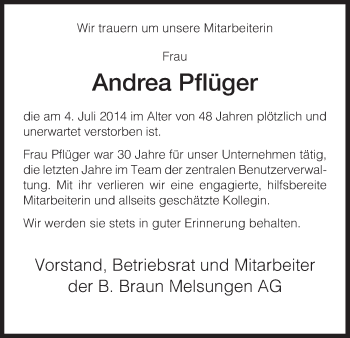 Traueranzeige von Andrea Pflüger von HNA