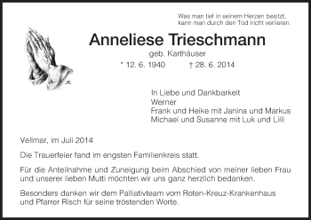 Traueranzeige von Anneliese Trieschmann von HNA