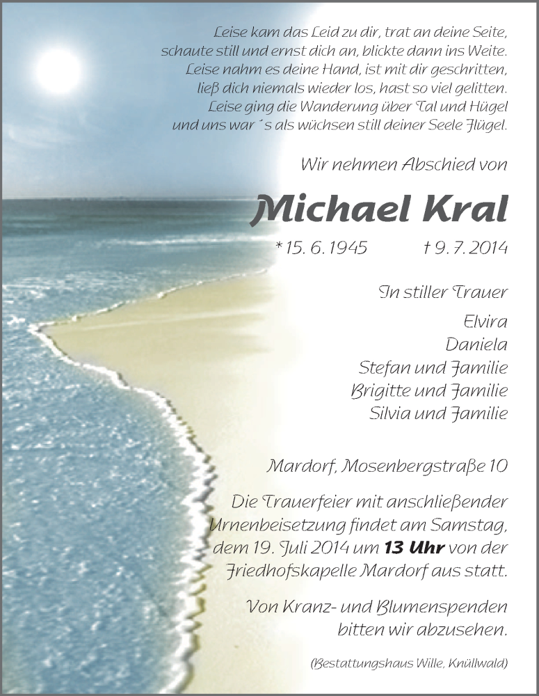  Traueranzeige für Michael Kral vom 16.07.2014 aus HNA