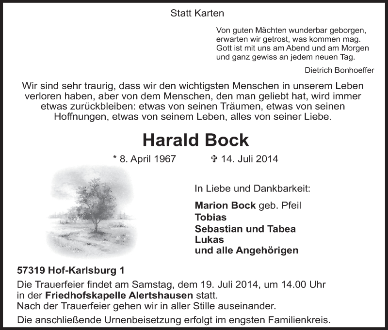  Traueranzeige für Harald Bock vom 16.07.2014 aus HNA