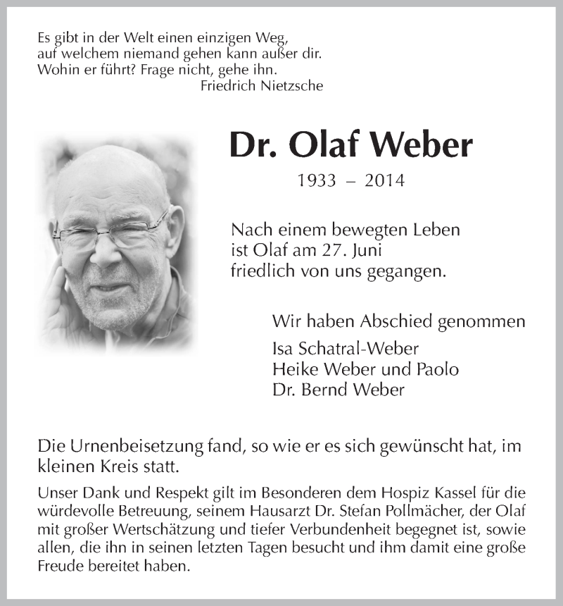 Traueranzeige für Olaf Weber vom 17.07.2014 aus HNA