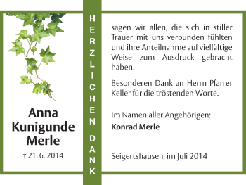 Traueranzeige von Anna Kunigunde Merle von HNA
