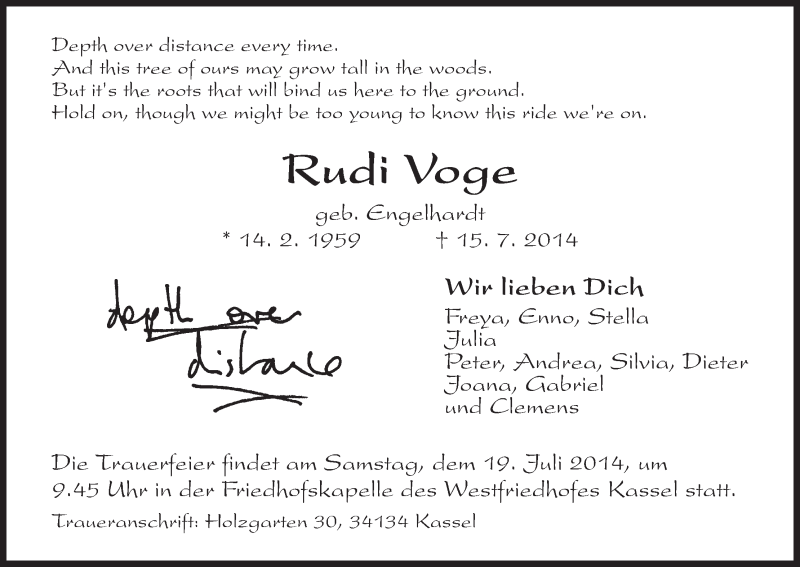  Traueranzeige für Rudi Voge vom 17.07.2014 aus HNA