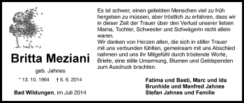 Traueranzeige von Britta Meziani von HNA