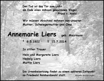 Traueranzeige von Annemarie Liers von HNA