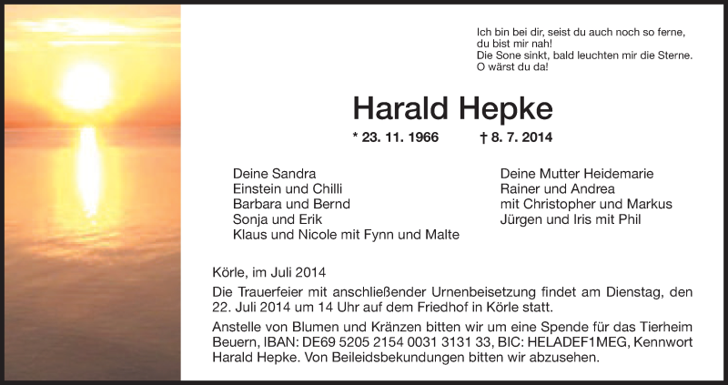  Traueranzeige für Harald Hepke vom 19.07.2014 aus HNA