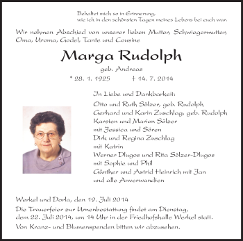 Traueranzeige von Marga Rudolph von HNA