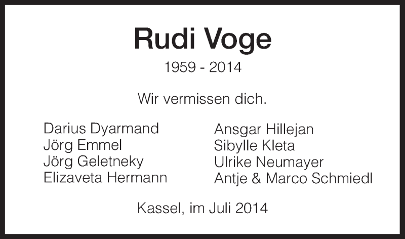  Traueranzeige für Rudi Voge vom 19.07.2014 aus HNA