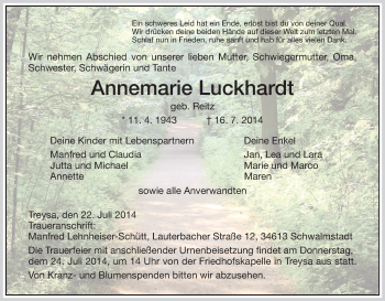 Traueranzeige von Annemarie Luckhardt von HNA