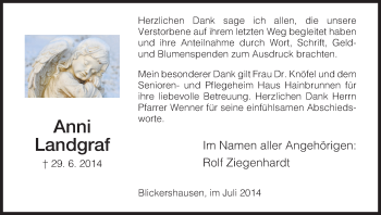 Traueranzeige von Anni Landgraf von HNA