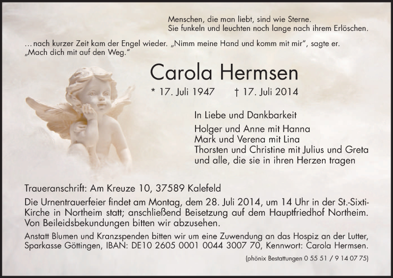 Traueranzeigen Von Carola Hermsen Trauer Hna De