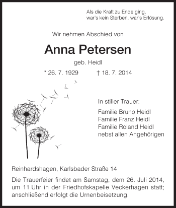 Traueranzeige von Anna Petersen von HNA