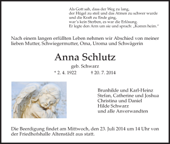 Traueranzeige von Anna Schlutz von HNA