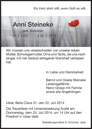 Traueranzeige von Anni Steineke von HNA