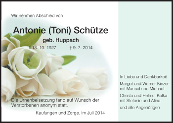 Traueranzeige von Antonie Schütze von HNA