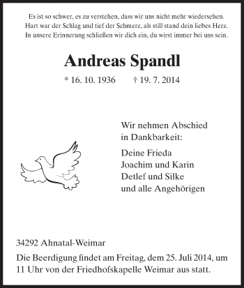 Traueranzeige von Andreas Spandl von HNA