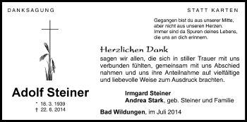 Traueranzeige von Adolf Steiner von HNA
