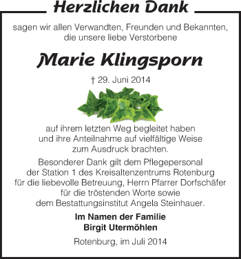 Traueranzeige von Marie Klingsporn von HNA