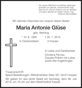 Traueranzeige von Maria Antonie Glüse von HNA