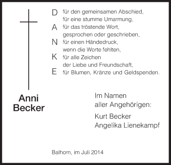 Traueranzeige von Anni Becker von HNA